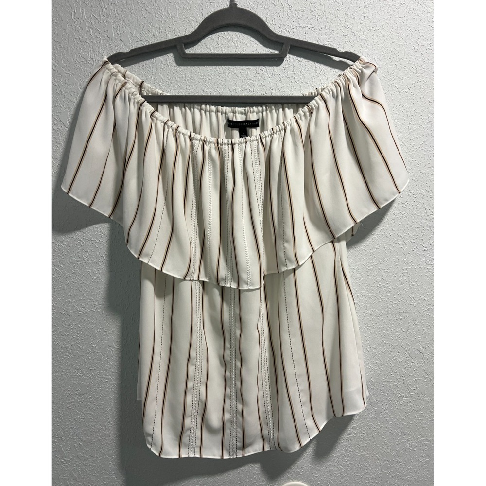 White‎ House Black Market White Gold Black Stripe Off The Shoulder Top Size L